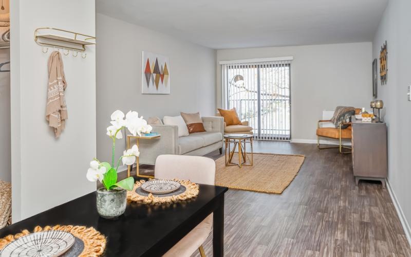 a living room with a couch and a table